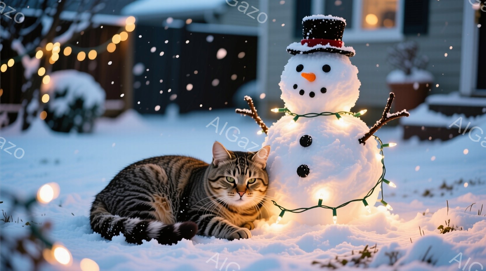 雪景色の中で、縞模様の猫が雪だるまの隣に横たわっています。雪だるまは帽子をかぶり、にんじんの鼻と石の目、そして電飾で飾られています。背景には建物が見え、雪がちらちらと舞い、温かく穏やかな冬の雰囲気が漂 - AI生成フリー素材