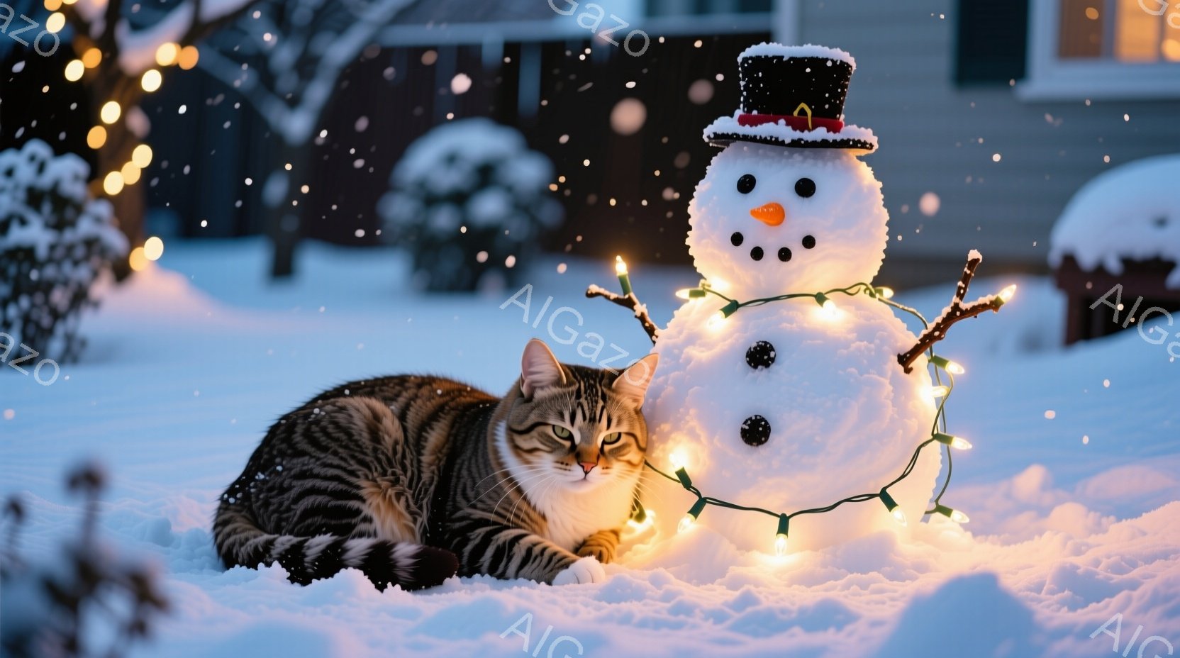 白い雪景色の中に、縞模様の猫が横たわっています。猫の隣には雪だるまが立っており、カラフルな電飾で飾られています。背景には家屋や木々が見え、雪が降っている様子から、冬の穏やかな雰囲気が伝わってきます。 - AI生成フリー素材