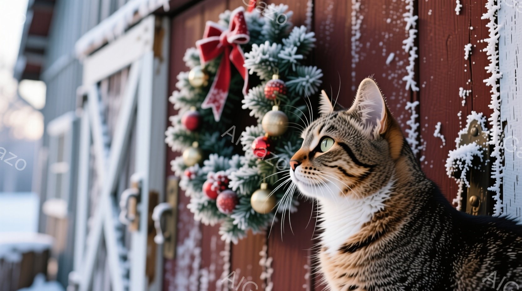 縞模様の猫が、赤い木製のドアに飾られたクリスマスリースを眺めている。背景には雪が積もり、冬の静かで穏やかな雰囲気が漂っている。猫は少し上目遣いで、好奇心と安らぎが入り混じった表情をしている。
