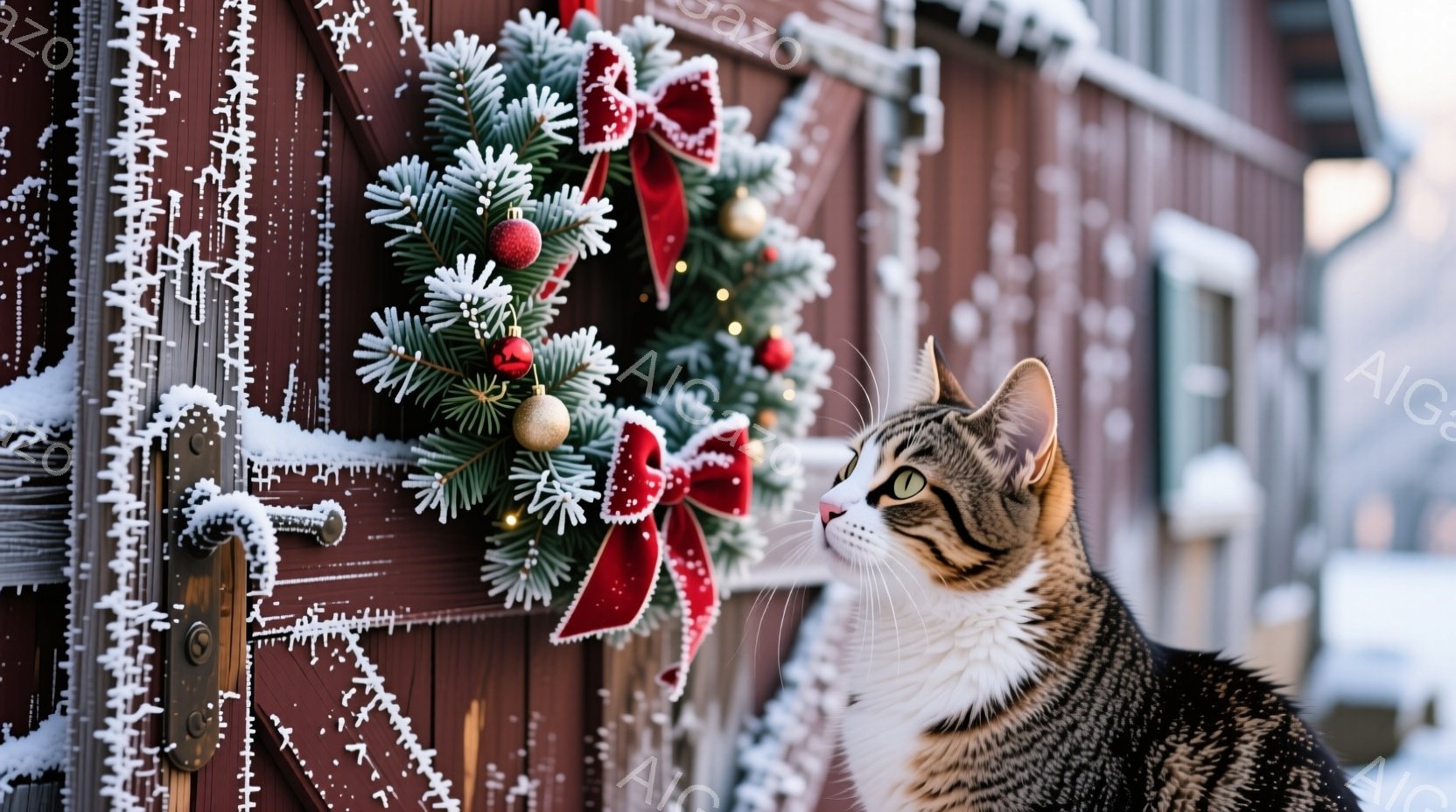 茶色の木製のドアにクリスマスリースが飾られ、雪で覆われています。そのドアの横には、白と茶色の縞模様の猫が立っており、何かを見つめています。背景は雪景色で、全体的に冬の温かく、静かな雰囲気が漂っています。