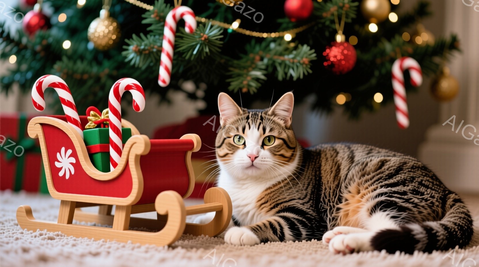 縞模様の猫が、赤いそりに飾られた緑色のプレゼントの横に横たわっています。猫は前足を伸ばし、リラックスした表情でカメラを見つめており、背景にはクリスマスツリーがぼやけて見えます。全体的に、暖かく穏やかな - AI生成フリー素材