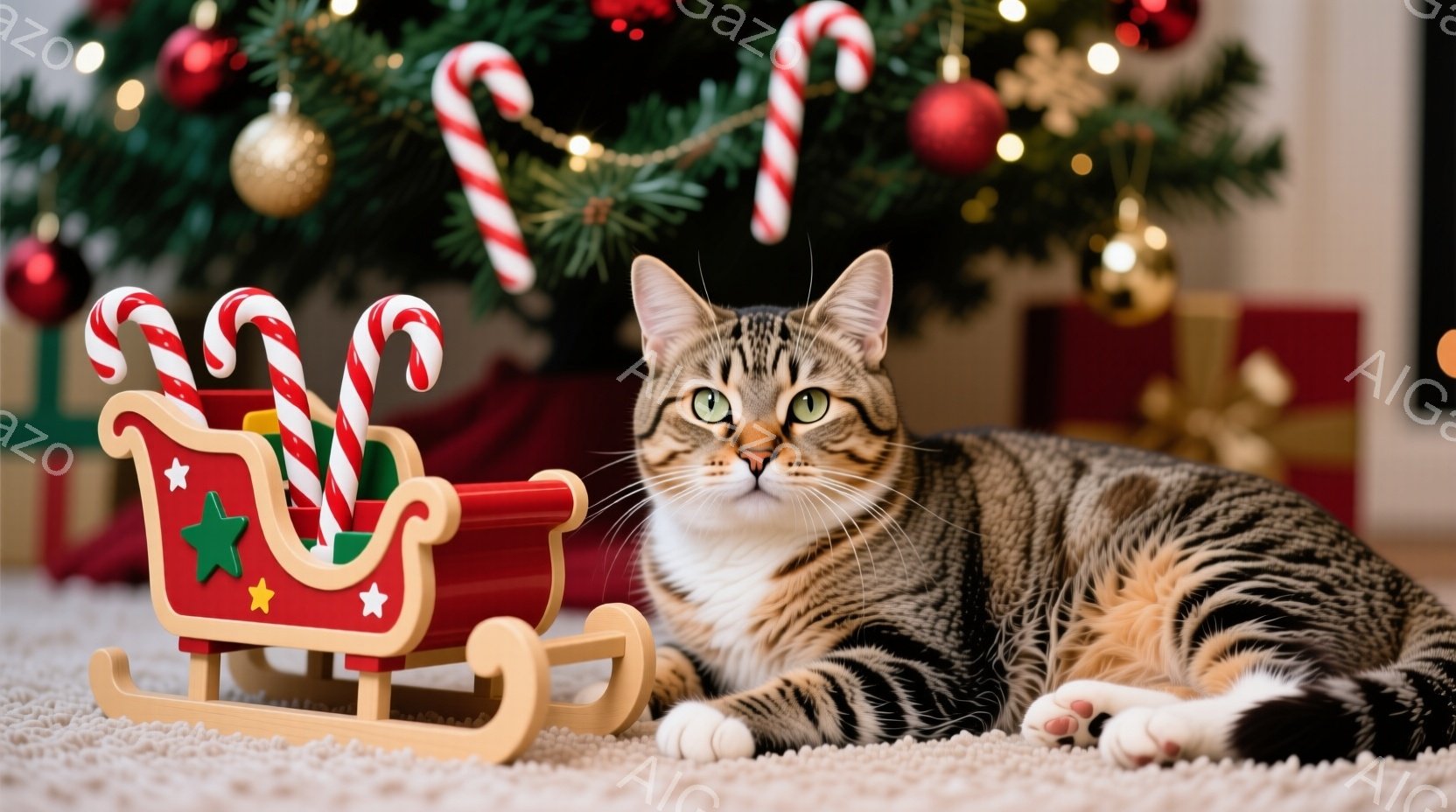 白と茶色の縞模様の猫が、カーペットの上に横たわっています。猫はリラックスした表情で、正面を見ています。背景にはクリスマスツリーとプレゼント、そしてそりに飾られたキャンディケーンがあり、クリスマスの温か - AI生成フリー素材