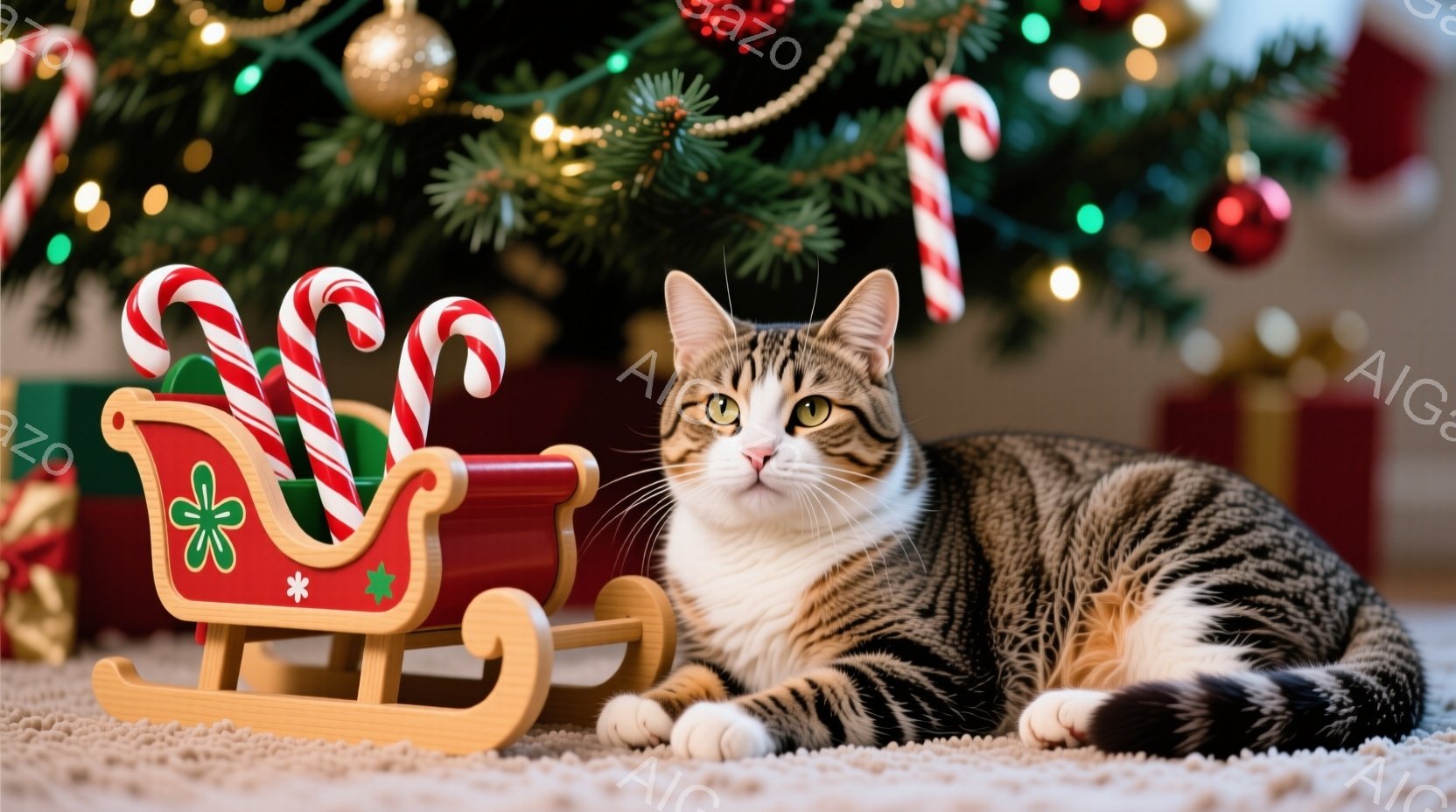 縞模様の猫がカーペットの上に横たわり、クリスマスの飾りとプレゼントに囲まれています。猫は正面を見ていて、穏やかでリラックスした表情をしています。背景にはクリスマスツリーが飾られており、暖かく、お祝いの - AI生成フリー素材