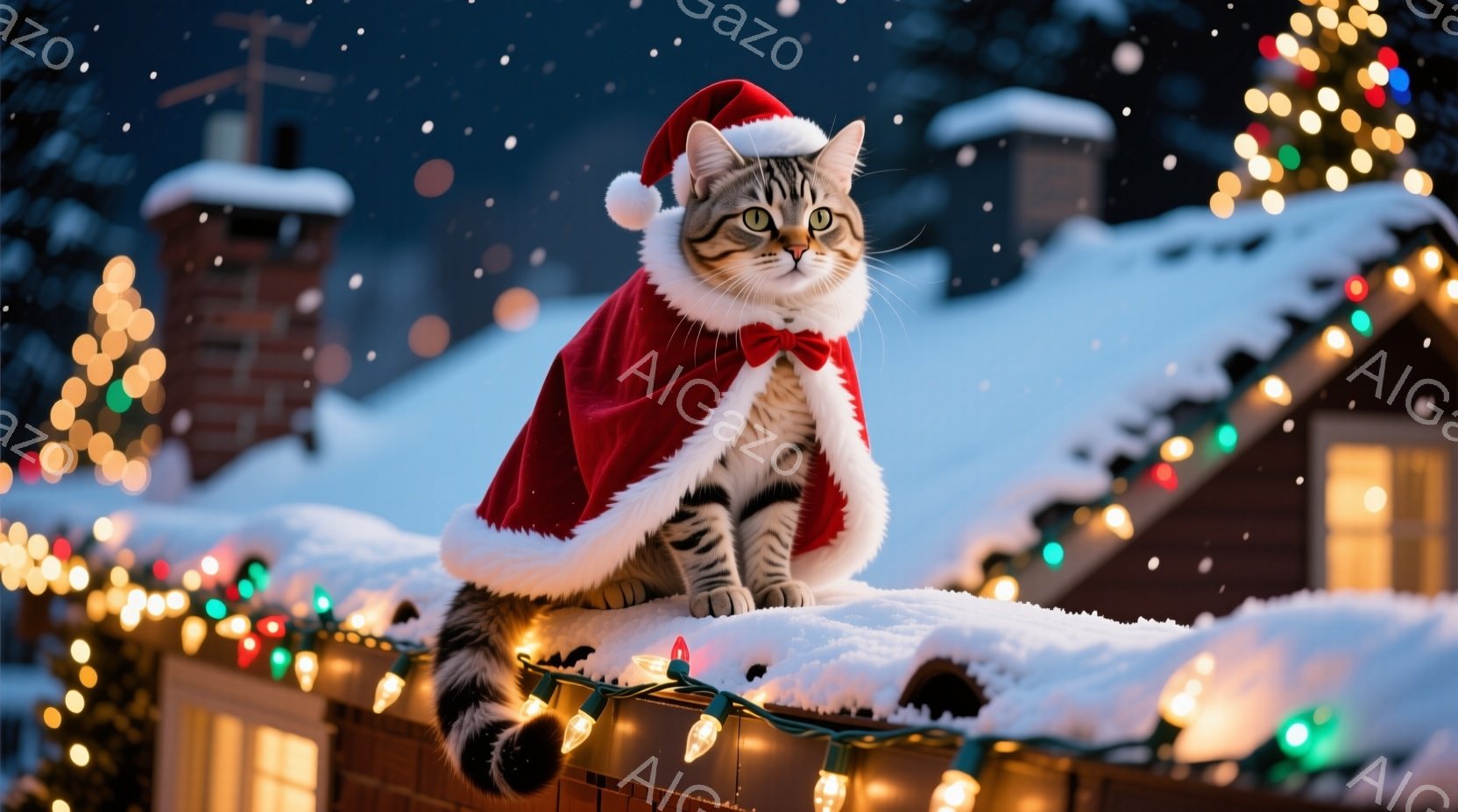 縞模様の猫が籐製の椅子にゆったりと座っており、リラックスした様子を見せています。椅子のクッションはチェック柄で、背景にはクリスマスツリーとプレゼントが飾られています。暖かく居心地の良い雰囲気で、猫はま - AI生成フリー素材