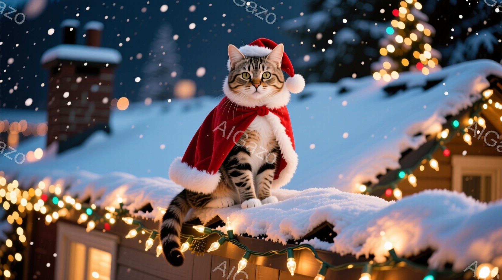 白い毛並みと縞模様の猫が、赤いサンタ帽をかぶり、雪の積もった屋根の上に座っています。その表情は穏やかで、どこか誇らしげにも見えます。背景には、クリスマスイルミネーションが輝き、雪が舞う冬の夜の暖かく幻 - AI生成フリー素材