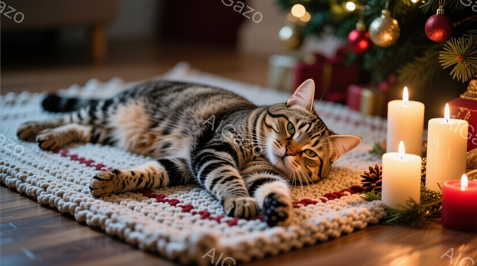 縞模様の猫が白い手編みのラグの上に横たわっており、リラックスした様子で目を半開きにしています。背景には、クリスマスツリーのぼやけた像と、数本の点灯したキャンドル、そしてプレゼントが見え、温かく穏やかな - AI生成フリー素材