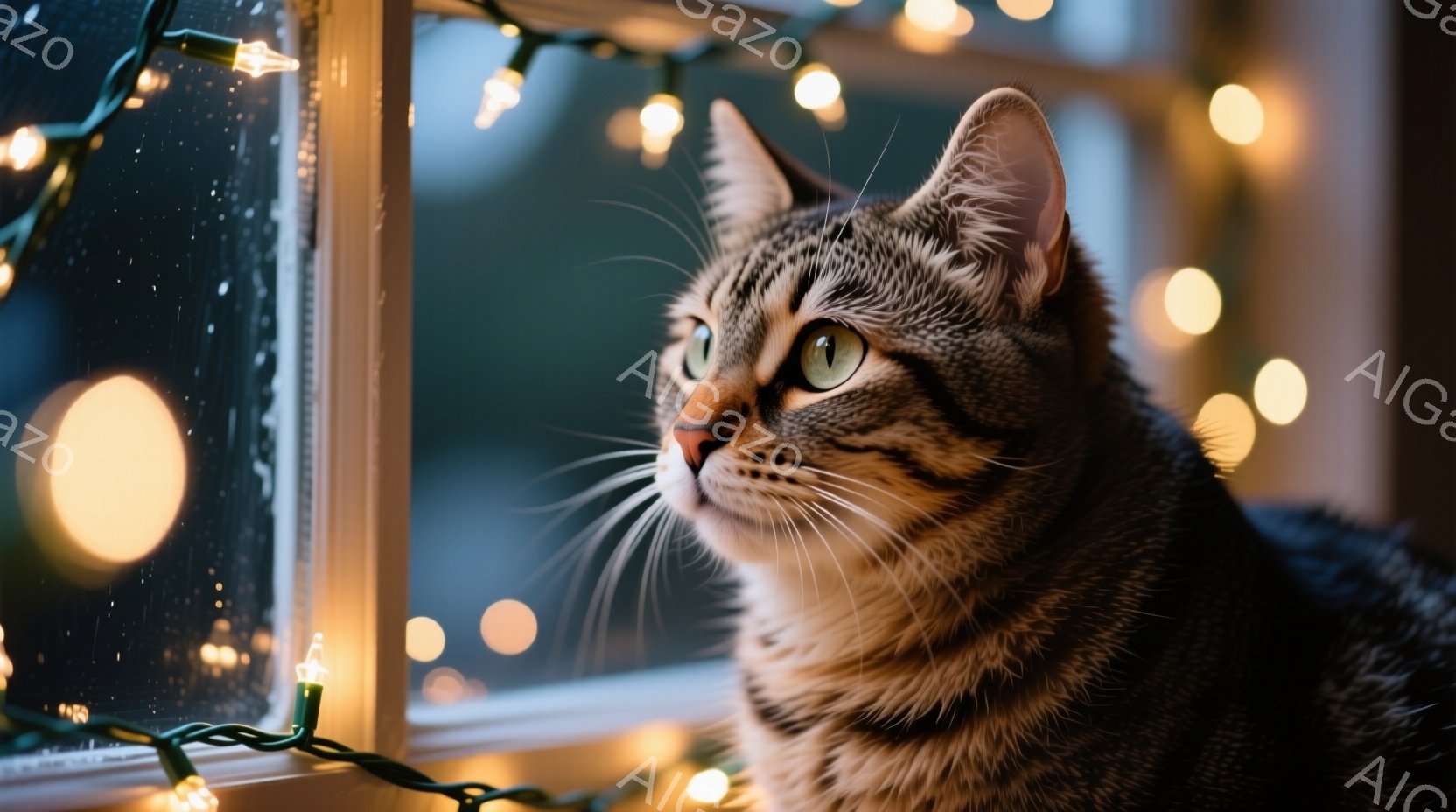 縞模様の猫が窓辺で外を見つめている。猫は薄暗い室内で、キラキラと光る電飾に囲まれており、その視線は何かを期待しているかのように遠くを見つめている。外は暗く、雨が降っているようで、猫の表情は少し憂いを帯びているが、全体的には穏やかな雰囲気が漂っている。