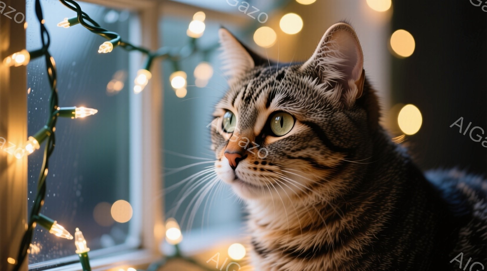 縞模様の猫が窓辺で外を眺めています。猫は落ち着いた表情で、少し上を見つめているようです。背景にはぼやけた光のぼんやりとした輪郭があり、窓の外は暗く、暖かい雰囲気を作り出しています。 - AI生成フリー素材