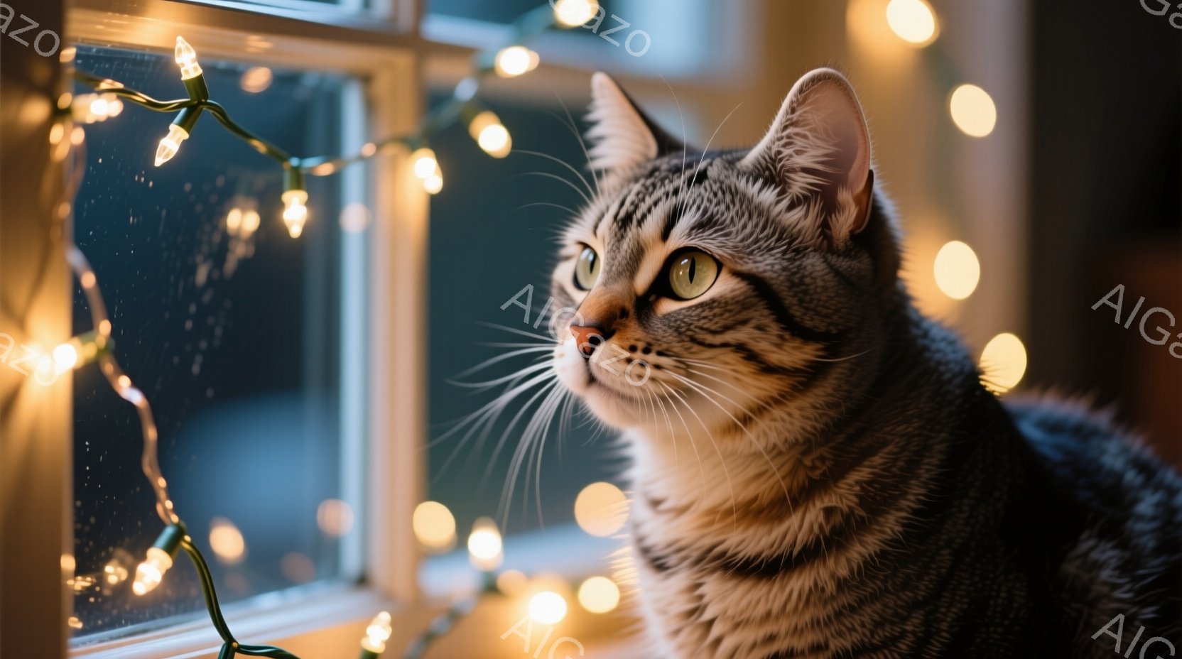 縞模様の猫が窓辺で外を見つめている。窓枠には暖色系のイルミネーションが飾られており、猫の毛並みや顔の輪郭を優しく照らしている。背景は夜の景色で、ぼんやりとした光がちらちらと見える、暖かく穏やかな雰囲気 - AI生成フリー素材