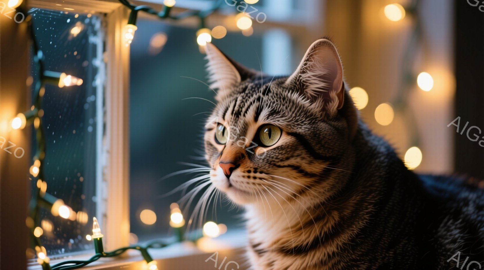 茶トラの猫が窓辺に座り、どこか遠くを見つめている。窓枠には小さな電飾が飾られており、ぼんやりとした光が猫の毛並みを照らしている。背景は暗く、雨が降っているようで、静かで穏やかな雰囲気が漂っている。 - AI生成フリー素材