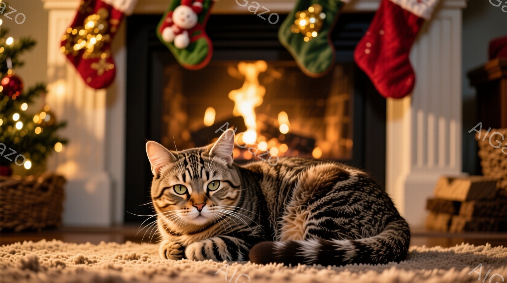 縞模様の猫がふわふわのカーペットの上に横たわっており、落ち着いた表情で正面を見つめている。背景には、暖炉の火が燃え盛り、クリスマスの装飾が施されたストッキングが飾られている。全体的に、暖かく穏やかなク - AI生成フリー素材
