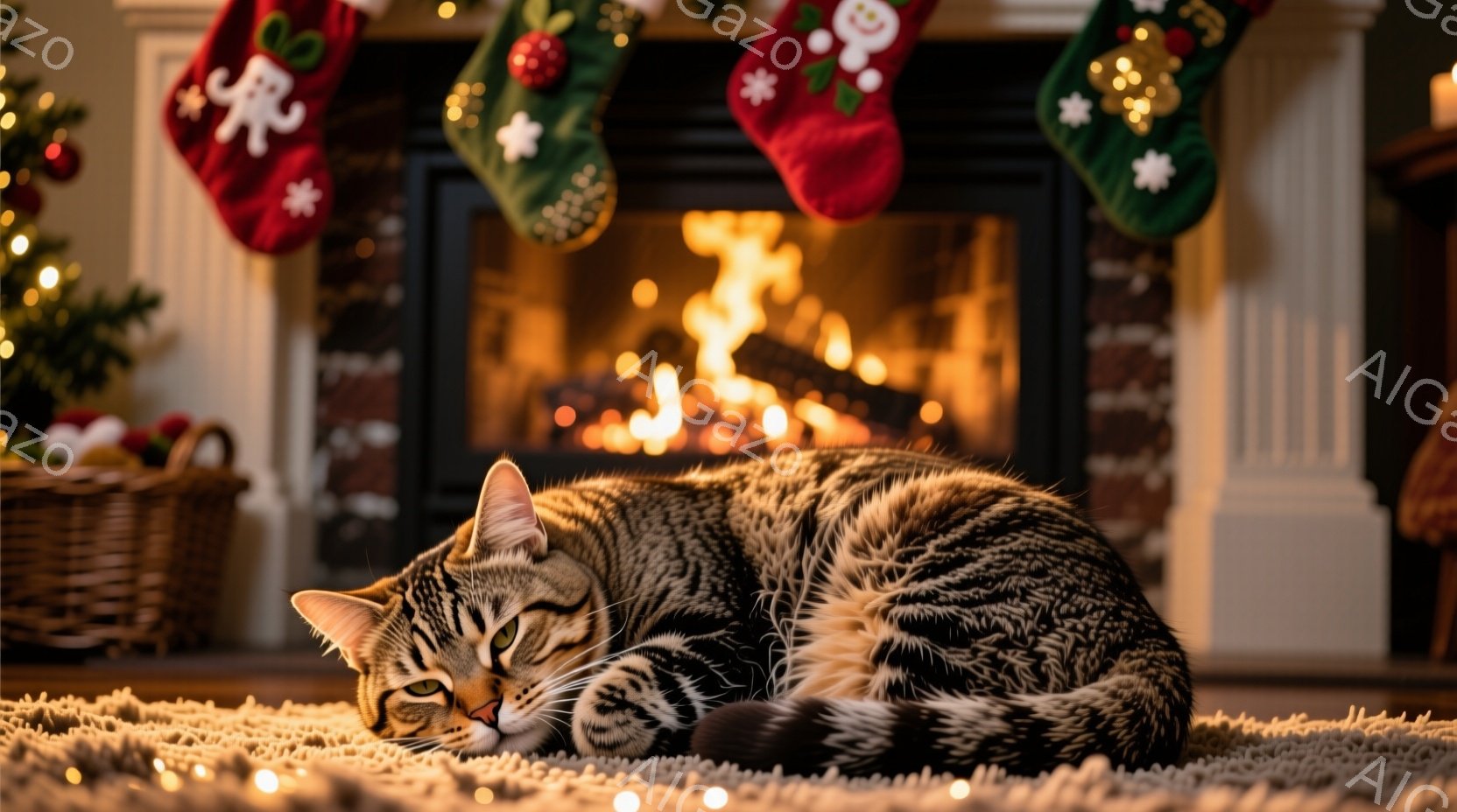 暖炉の前で、縞模様の猫が丸まって眠っています。猫はリラックスした姿勢で、穏やかな表情をしています。背景にはクリスマスツリーと赤い靴下が飾られており、温かく居心地の良い冬の雰囲気が漂っています。
