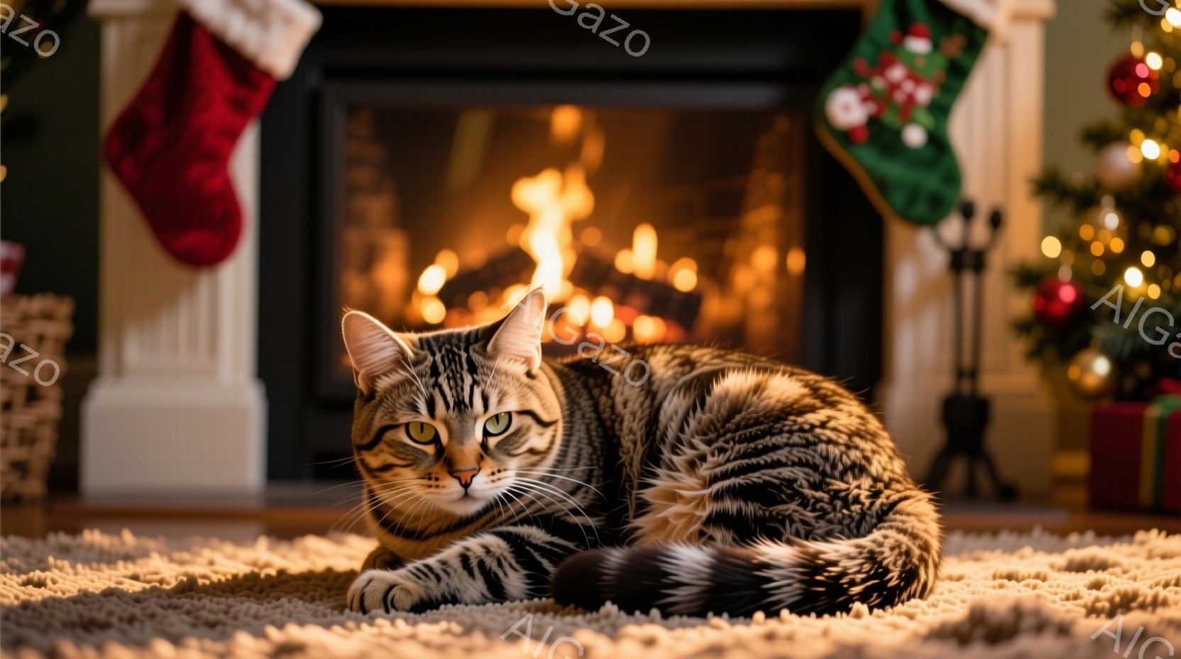 縞模様の猫が、暖炉の前に敷かれたふわふわのカーペットの上でリラックスして横たわっています。猫は落ち着いた表情で正面を見つめており、背景にはクリスマスツリーと飾り付けられた暖炉が見えます。暖炉の火は暖か - AI生成フリー素材