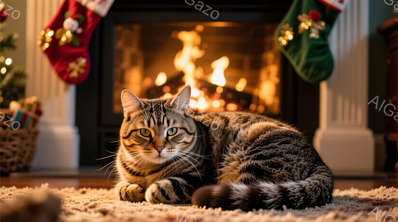 暖炉の前に縞模様の猫が横たわっており、リラックスした表情で正面を見つめている。背景にはクリスマスソックスが飾られた暖炉があり、オレンジ色の炎が暖かさを感じさせる。猫の周りにはカーペットが敷かれ、全体的 - AI生成フリー素材