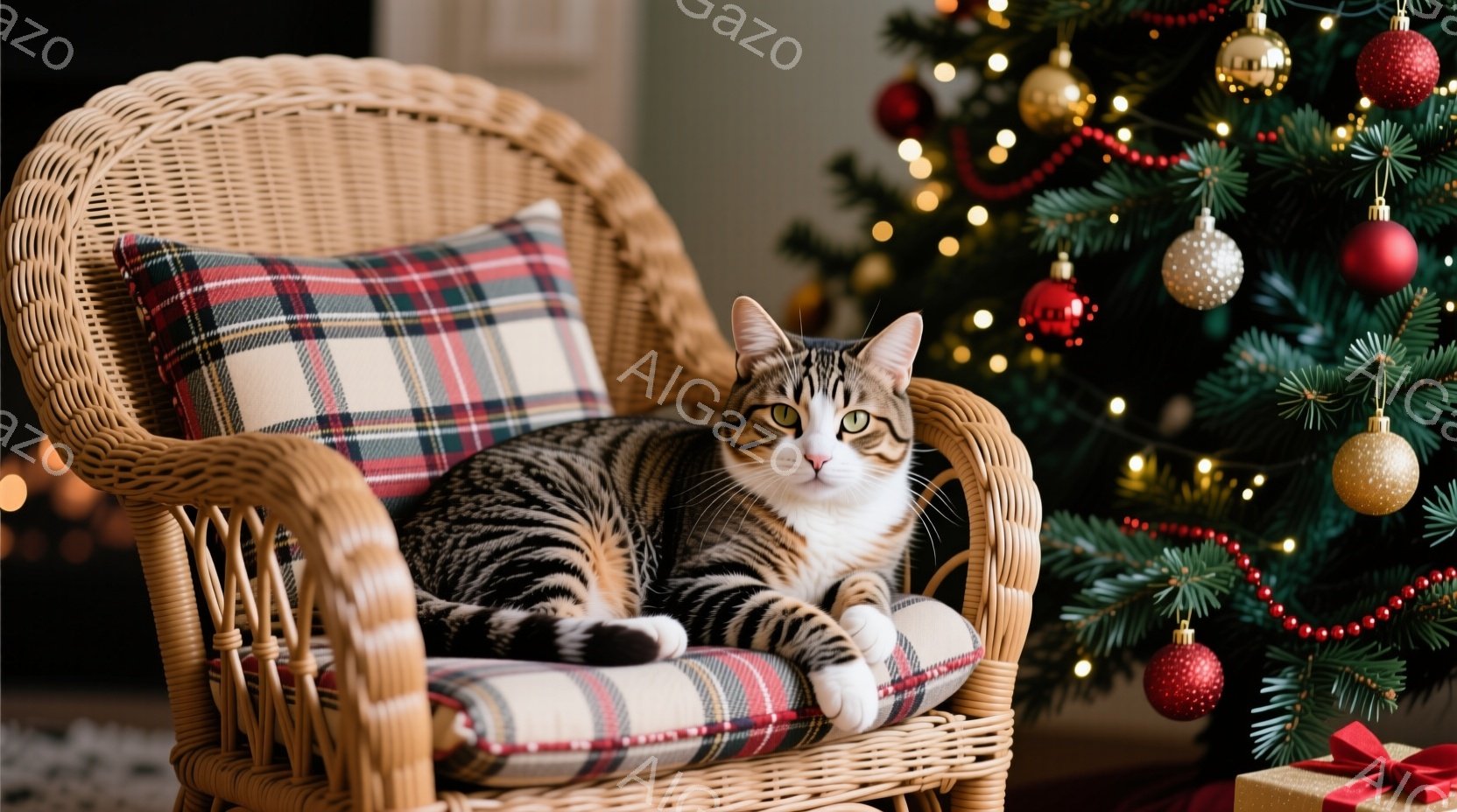 縞模様の猫が、格子柄のクッションが置かれた籐の椅子にゆったりと座っています。背景には、赤と金色のオーナメントで飾られたクリスマスツリーがぼやけて見え、暖かくお祝いの雰囲気です。猫はリラックスした表情で、穏やかで心地よい空間を演出しています。