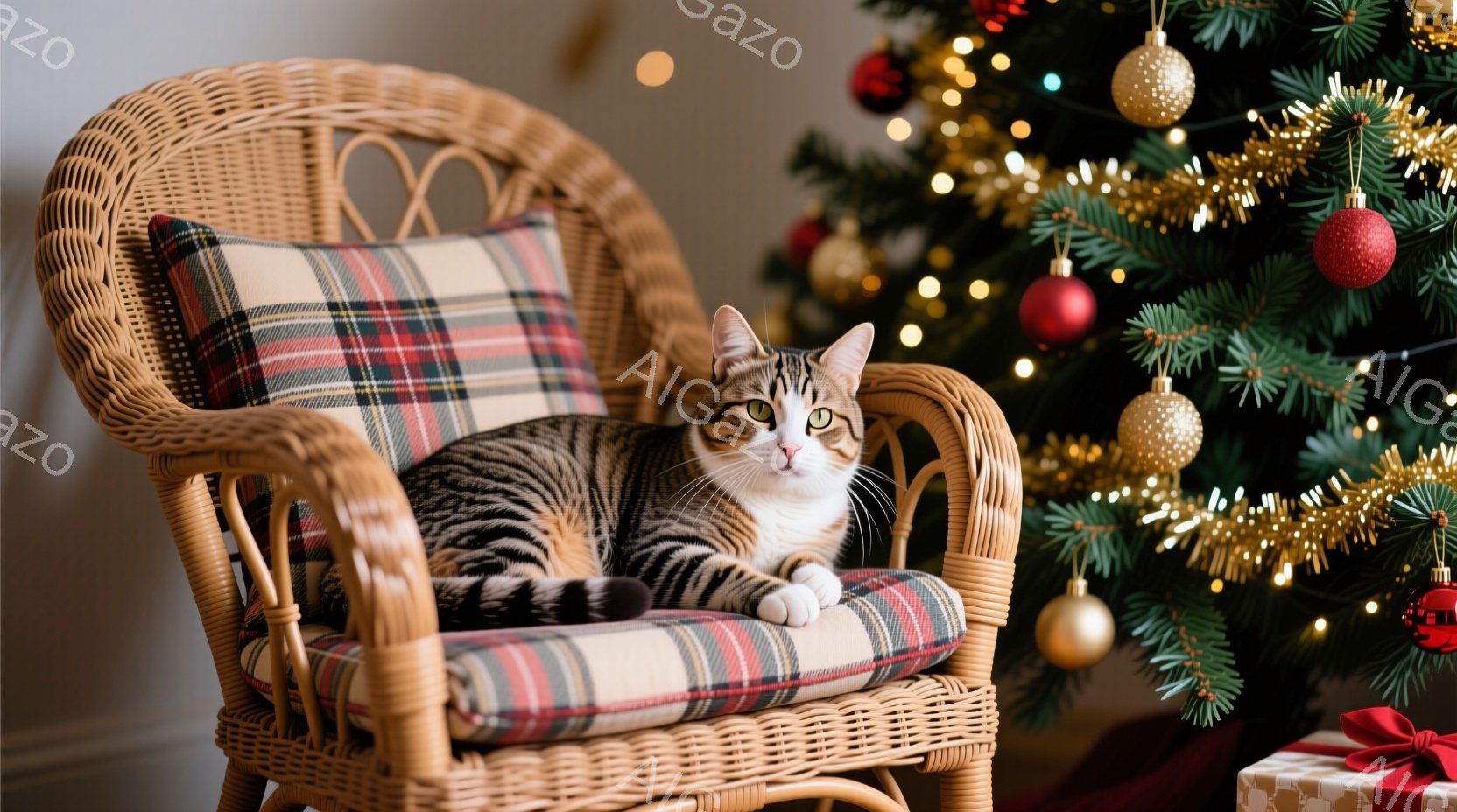 縞模様の猫が、格子柄のクッションが置かれた籐の椅子にゆったりと座っています。背景には、オーナメントと金色の飾りで飾られたクリスマスツリーが見え、暖かくお祝いムードに包まれています。猫はリラックスした表情で、穏やかで心地よい雰囲気を醸し出しています。
