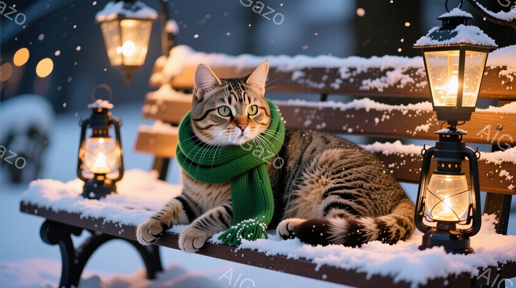 縞模様の猫が、雪の積もったベンチに緑色のマフラーを巻いて横たわっています。その表情は穏やかで、どこか自信に満ちています。背景には、雪が舞い散る中で灯りがともったランタンが並び、冬の静かで暖かい雰囲気を - AI生成フリー素材