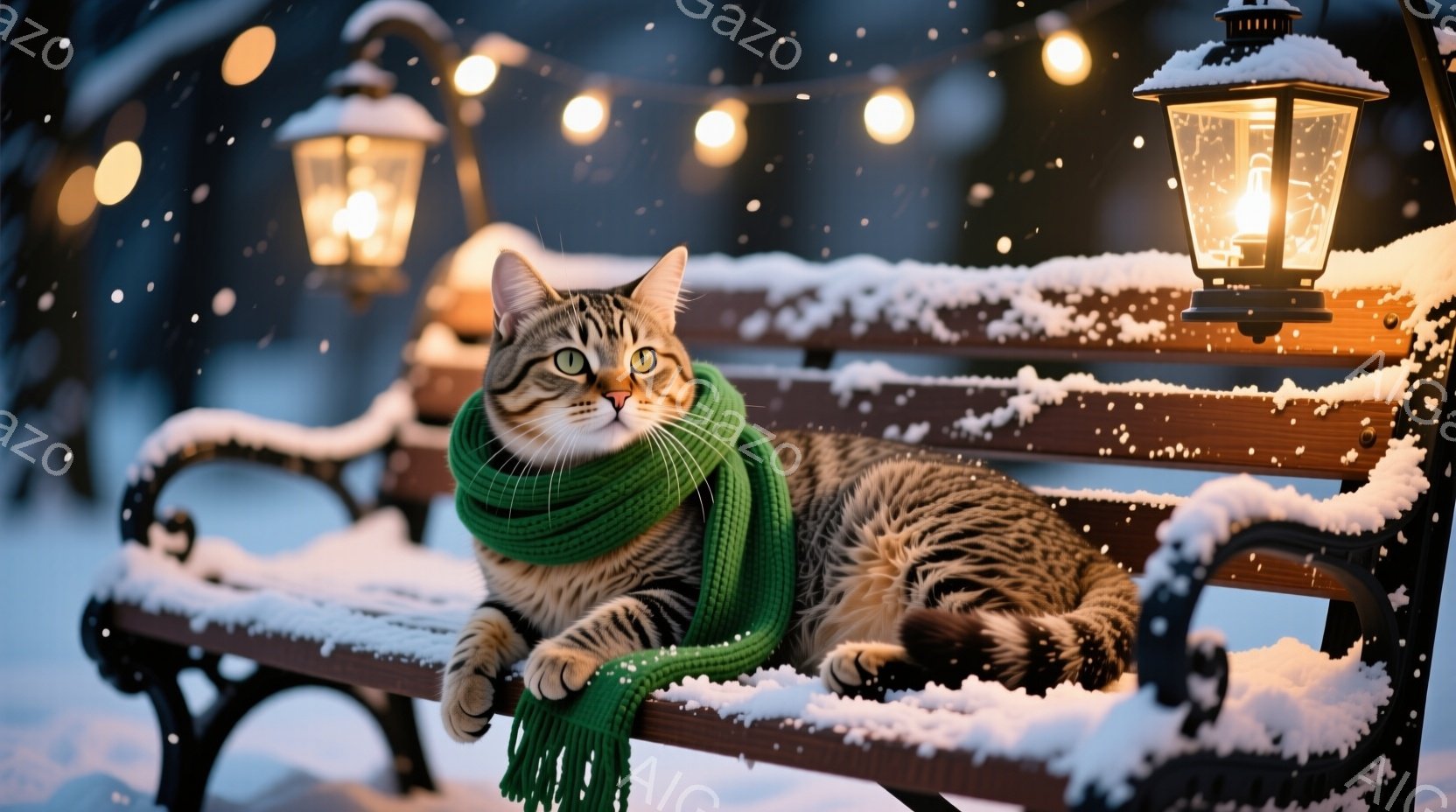 縞模様の猫が雪に覆われたベンチに横たわっており、緑色のマフラーを首に巻いています。猫はリラックスした表情で、少し上を見上げています。背景には雪景色が広がり、ベンチの上と周囲には雪が積もり、遠くには光る - AI生成フリー素材