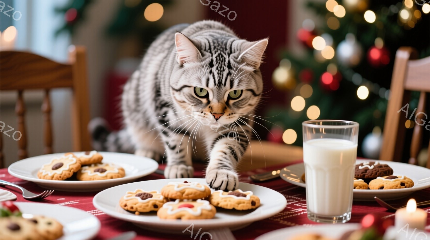 縞模様の猫が、クリスマスの飾り付けがされた食卓に前足を伸ばし、クッキーの皿に近づいています。テーブルの上には、ミルクが入ったグラスと、アイシングが施された可愛らしいクッキーが並べられています。背景にはぼやけたクリスマスツリーの光が輝き、温かく、遊び心のある雰囲気が漂っています。