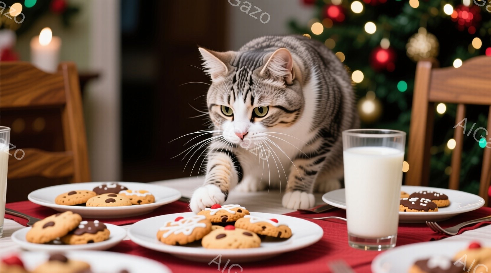 明るいダイニングルームのテーブルに、模様入りのクッキーが並べられた皿がいくつか置かれています。縞模様の猫が前足を使ってクッキーに手を伸ばそうとしており、その目はクッキーに集中しています。背景にはぼやけたクリスマスツリーが見え、暖かくお祝いムードの雰囲気が漂っています。
