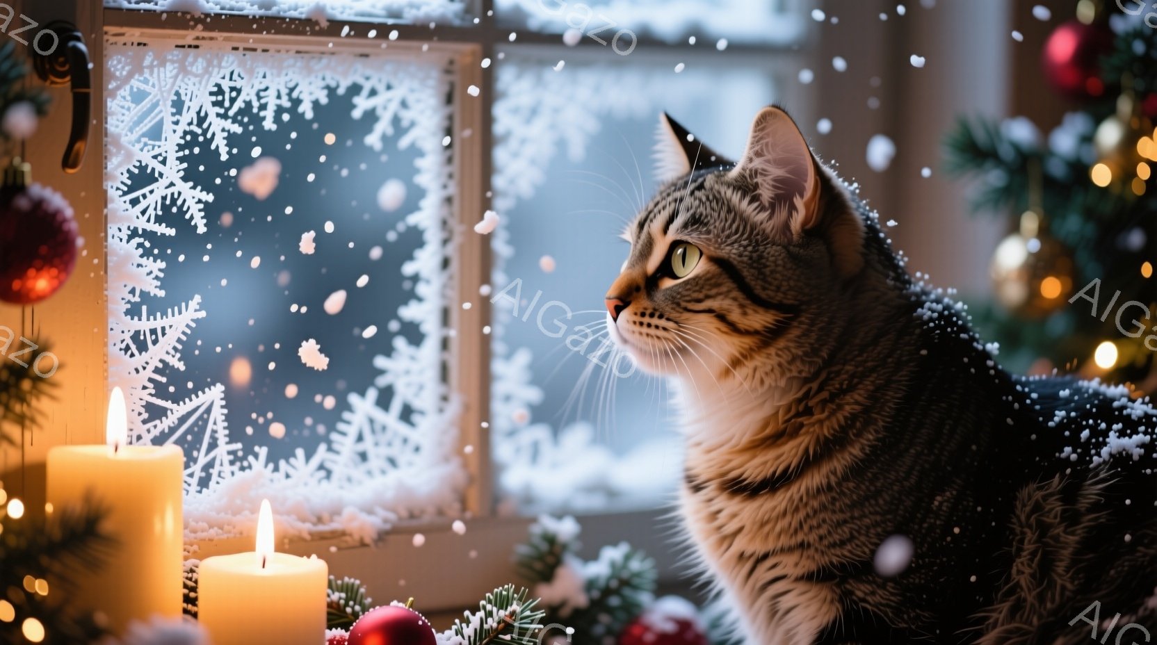 縞模様の猫が窓の外の雪景色を眺めています。背景にはクリスマスツリーの飾りや点灯したキャンドルがあり、暖かく幻想的な雰囲気を醸し出しています。雪の結晶が窓ガラスに張り付き、冬の静寂と温かさを表現しています。
