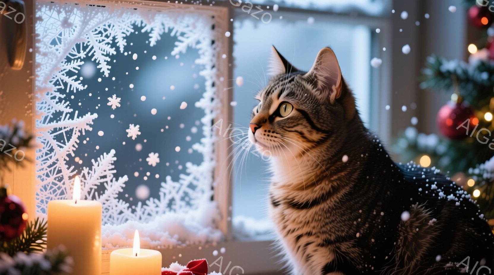 縞模様の猫が窓の外を見つめており、背景には雪が舞い散る冬景色が見える。窓辺には点灯したキャンドルが置かれ、クリスマスツリーの飾りと雪の結晶模様が暖かく優しい雰囲気を醸し出している。猫の目は優しく、冬の - AI生成フリー素材