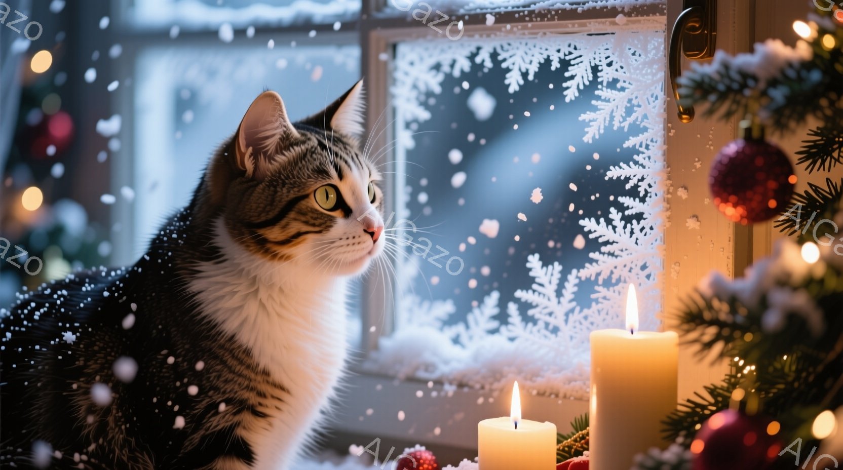 白と黒の模様の猫が窓の外の雪景色を眺めています。窓辺にはクリスマスツリーと点灯したキャンドルが置かれ、暖かく幻想的な雰囲気を醸し出しています。雪が舞い、冬の静けさと安らぎを感じさせる、美しい光景です。 - AI生成フリー素材