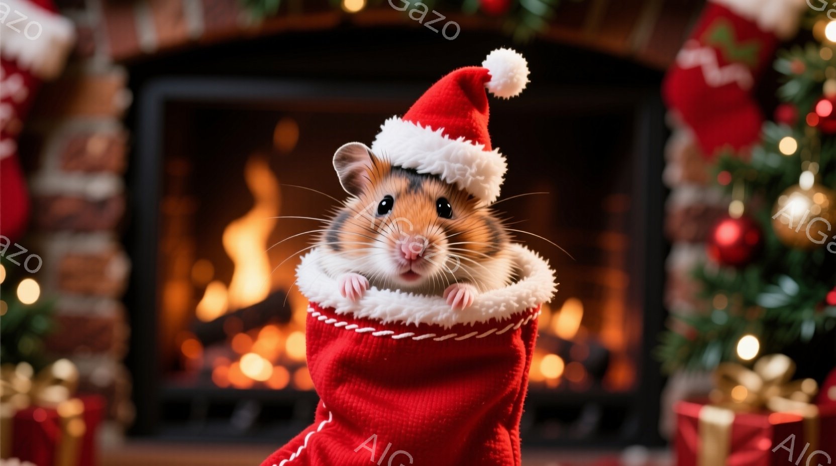 小さなハムスターが赤いクリスマス柄の靴下の中に座っており、頭には白いポンポン付きのサンタの帽子を被っています。ハムスターは好奇心旺盛な表情でカメラを見つめ、両手を靴下の縁につかんでいます。背景には暖炉 - AI生成フリー素材