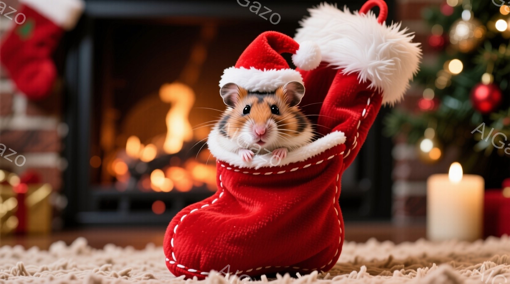 赤いクリスマス柄の靴下の中に、小さなハムスターが可愛らしく顔を出しています。ハムスターはサンタの帽子を被り、前足を出して何かを期待しているような表情をしています。背景には暖炉やクリスマスツリー、プレゼ - AI生成フリー素材
