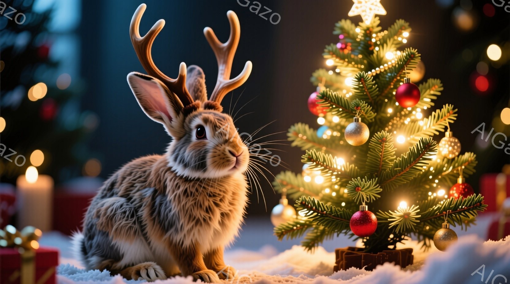 白い雪の上に座った、角を持つ灰色のウサギが描かれています。ウサギは前足を揃えて座り、好奇心と少しの戸惑いが入り混じった表情で正面を見ています。背景には小さなクリスマスツリーが飾り付けられ、暖かい光が灯り、お祝いムードを演出しています。