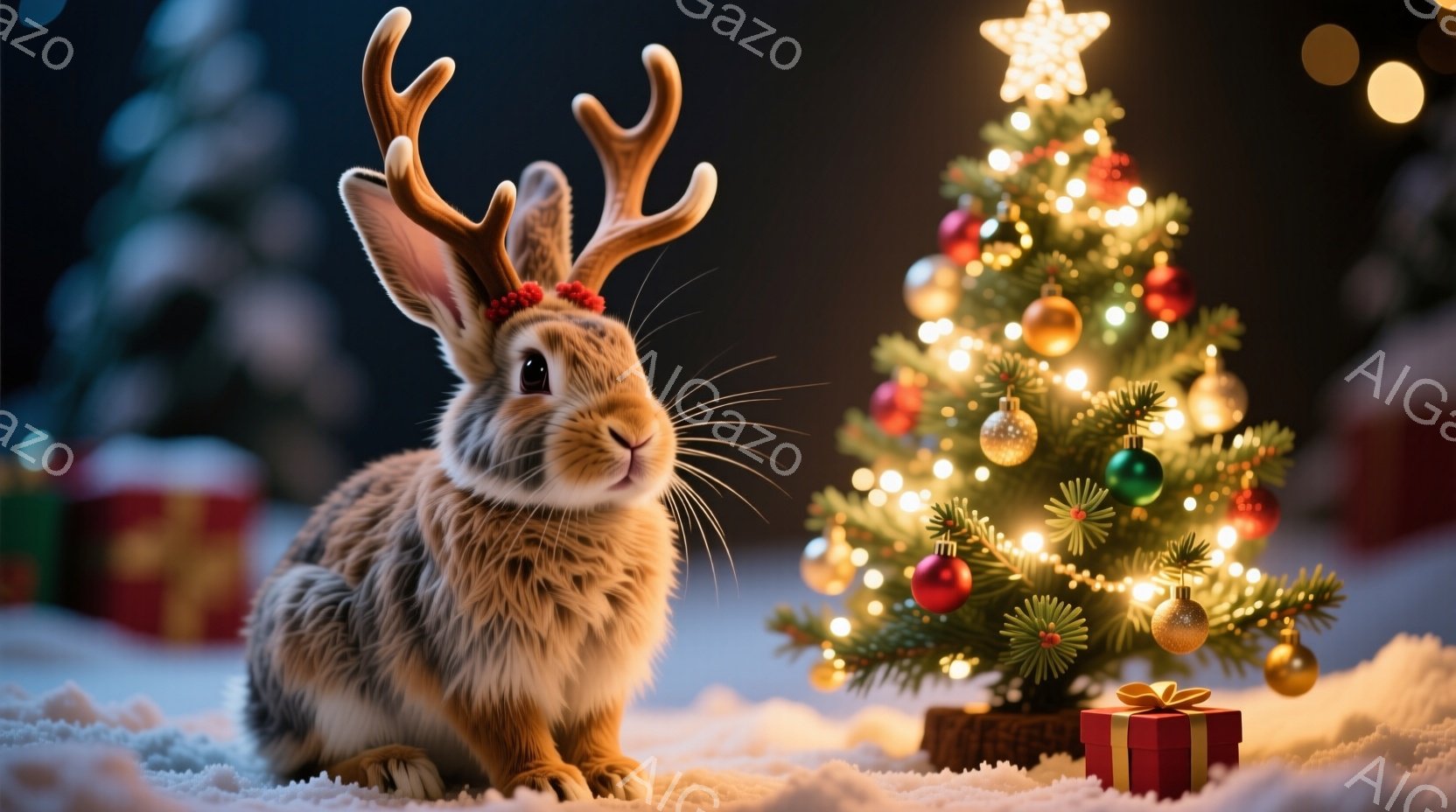 ふわふわの茶色のウサギが、頭に小さな角飾りをつけて雪の上に座っています。背景には、飾られたクリスマスツリーと赤いプレゼントボックスがあり、暖かい光が灯っています。全体的に、温かく可愛らしいクリスマスの - AI生成フリー素材