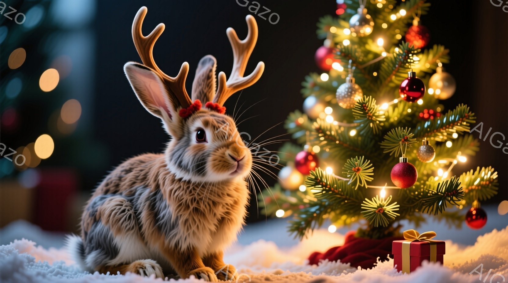茶色い毛並みのウサギが、クリスマスツリーの前に座っています。ウサギは赤い角のような飾りを頭に付けており、可愛らしい表情をしています。背景にはキラキラと光るクリスマスツリーと、赤いプレゼント箱が見え、暖 - AI生成フリー素材