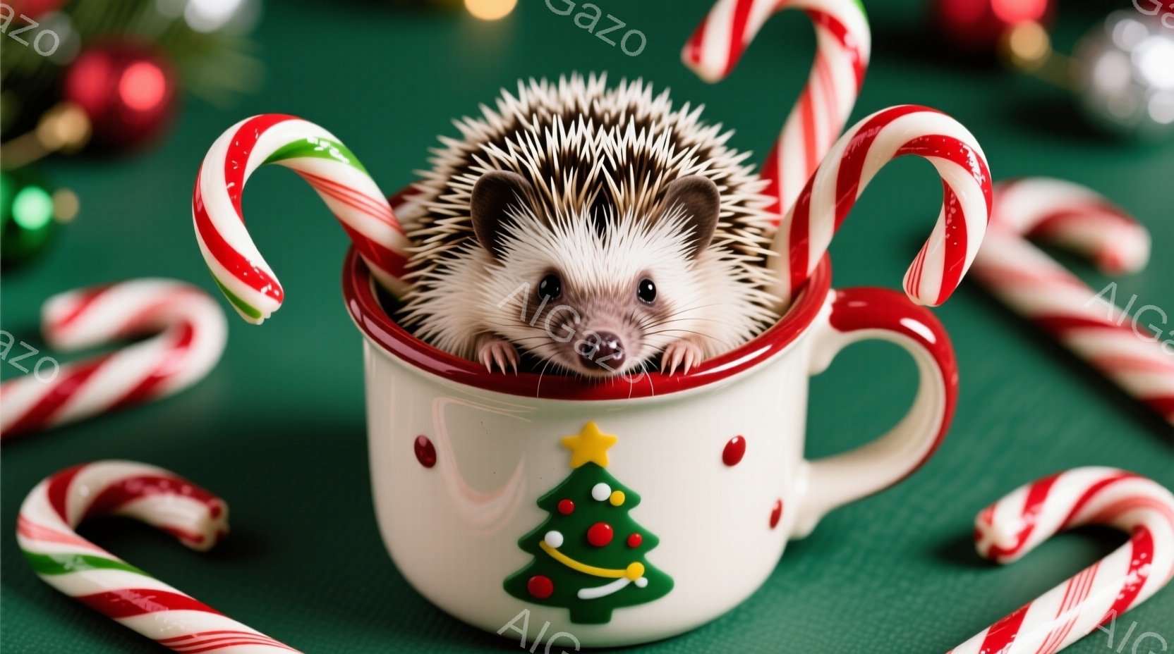 可愛らしいハリネズミが、クリスマスの絵柄が描かれた白いマグカップの中にちょこんと座っています。周囲には赤と白のキャンディケーンが散りばめられており、背景は深い緑色で、クリスマスの装飾がぼんやりと見えま - AI生成フリー素材