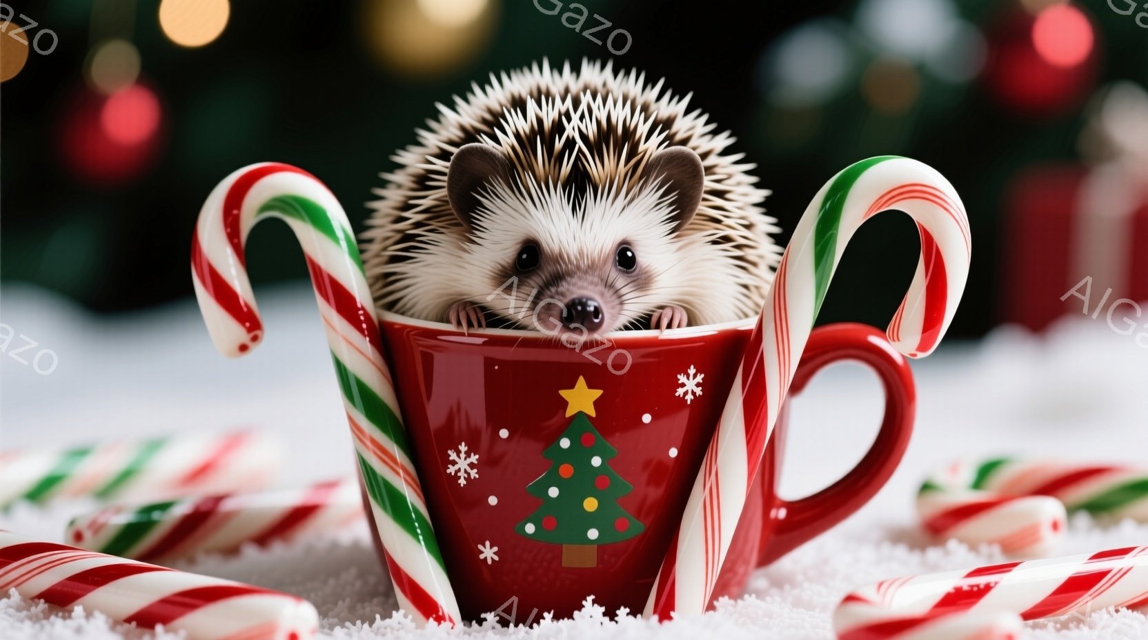 可愛らしいハリネズミが、クリスマス柄の大きなマグカップにすっぽり収まっています。周りにはキャンディケーンや雪が散りばめられ、背景にはぼやけたクリスマスツリーが見えます。全体的に温かく、可愛らしいクリス - AI生成フリー素材