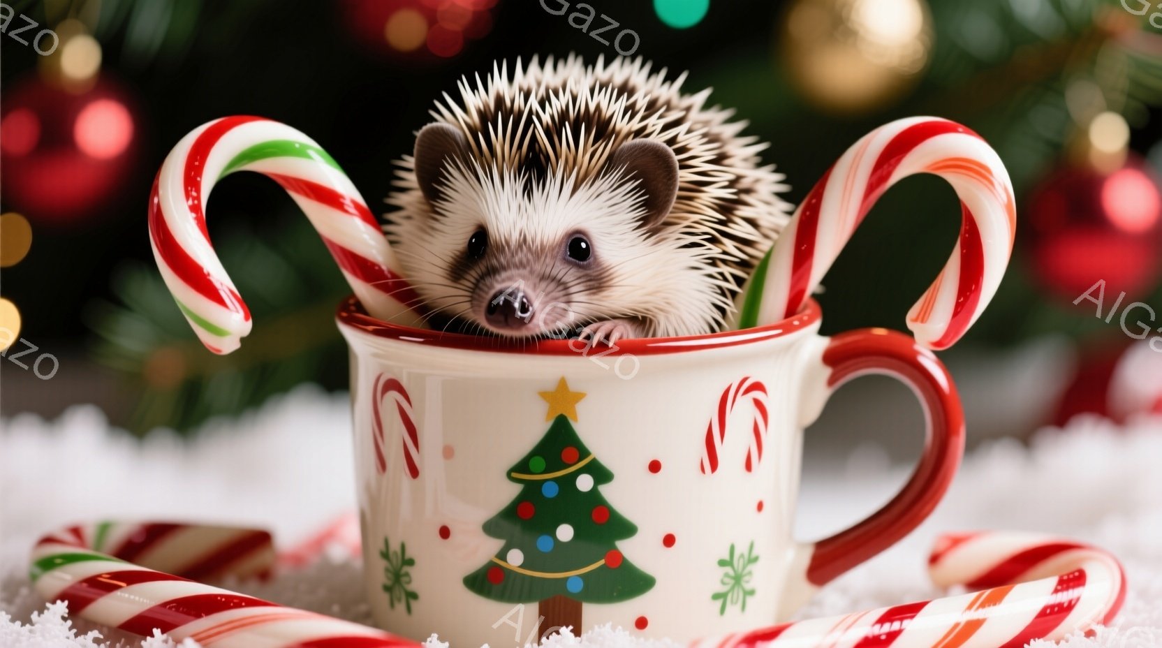 小さなハリネズミがクリスマス柄のマグカップの中にちょこんと座っています。周りにはキャンディケーンが散らばり、背景にはぼやけたクリスマスツリーの飾りが見え、雪が積もっている様子が伺えます。全体的に暖かく - AI生成フリー素材