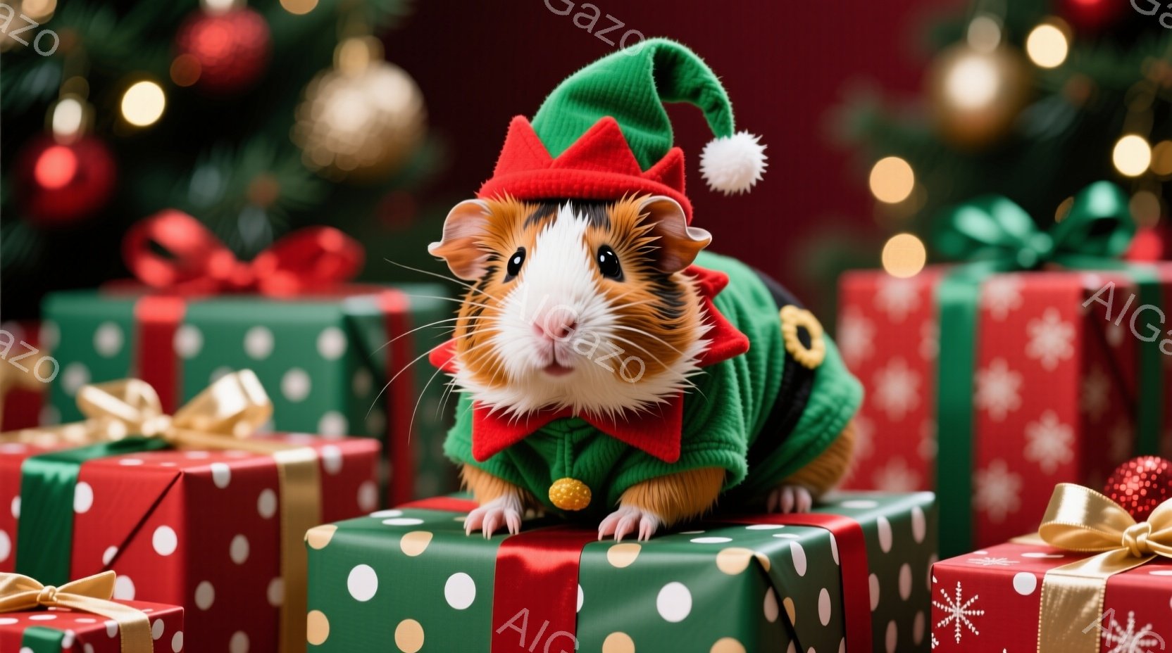 ハムスターがクリスマス風の衣装を着て、プレゼントボックスの上に立っています。緑色のセーターと赤い帽子を身に着け、少し緊張した表情で前を見つめています。背景には、ぼやけたクリスマスツリーと装飾が施された - AI生成フリー素材