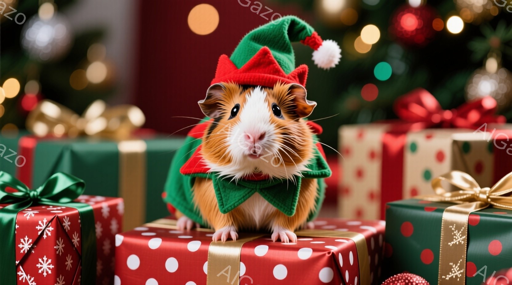 オレンジと白の毛並みを持つモルモットが、緑と赤のサンタの帽子とマフラーを身に着けて、プレゼントの箱の上に座っています。モルモットは正面を見ており、丸い瞳と愛らしい表情で、お祝いの雰囲気を醸し出していま - AI生成フリー素材