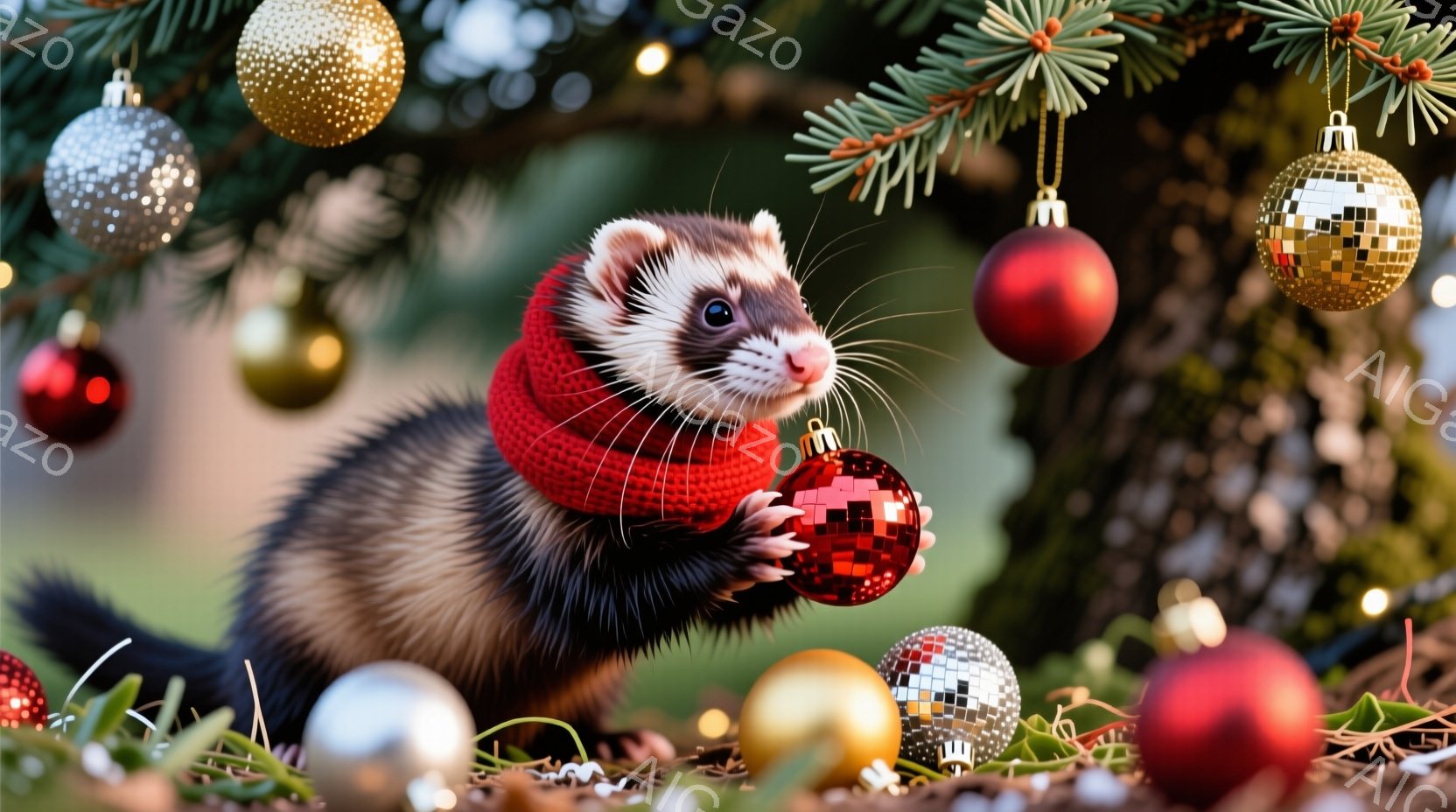 茶色のイタチが赤い編み物の首輪を巻き、赤いオーナメントボールを前足で持っています。背景には緑のモミの枝と様々な色のクリスマスオーナメントが散りばめられており、キラキラとした光が反射しています。全体的に - AI生成フリー素材