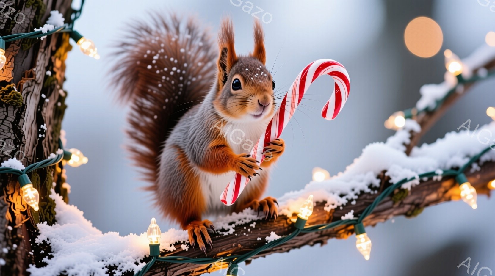 赤褐色のリスが、雪に覆われた木の枝にしがみつき、ピンクと白のキャンディケーンを前足で抱えています。リスの毛並みはふっくらとしており、黒々とした目が好奇心旺盛に輝いています。背景にはぼやけた雪景色と、キラキラと輝く電飾が飾られた枝が広がり、冬の暖かい雰囲気を演出しています。