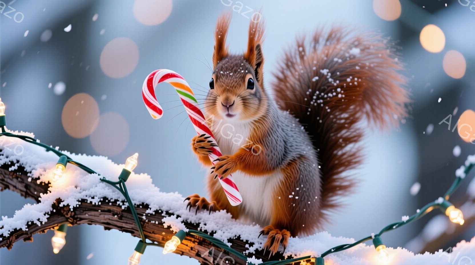 リスが雪で覆われた枝にとまり、赤と白のキャンディケーンを両手で抱えています。背景にはぼやけたクリスマスライトが散りばめられており、冬の暖かく穏やかな雰囲気を醸し出しています。リスは明るい目をしており、 - AI生成フリー素材