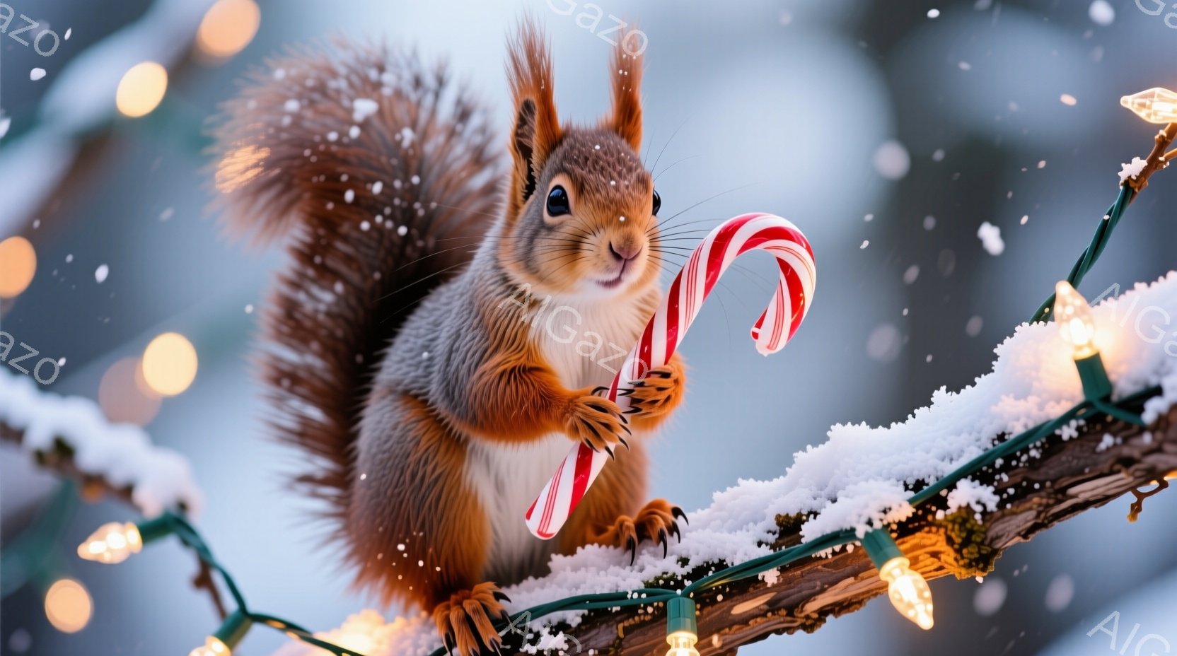 リスが雪に覆われた木の枝にしがみつき、口にくっきりと赤と白のキャンディケーンをくわえています。背景にはぼやけたクリスマスツリーの電飾が散りばめられ、まるで冬のワンダーランドのような幻想的な雰囲気を醸し - AI生成フリー素材