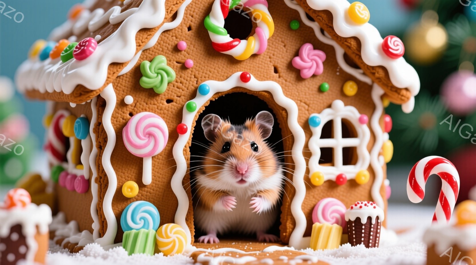 小さなハムスターが、お菓子で飾られたジンジャーブレッドハウスの入り口から顔を出しています。ジンジャーブレッドハウスはカラフルなキャンディーやクッキーで飾られ、雪の上に立っています。背景にはぼやけたクリ - AI生成フリー素材
