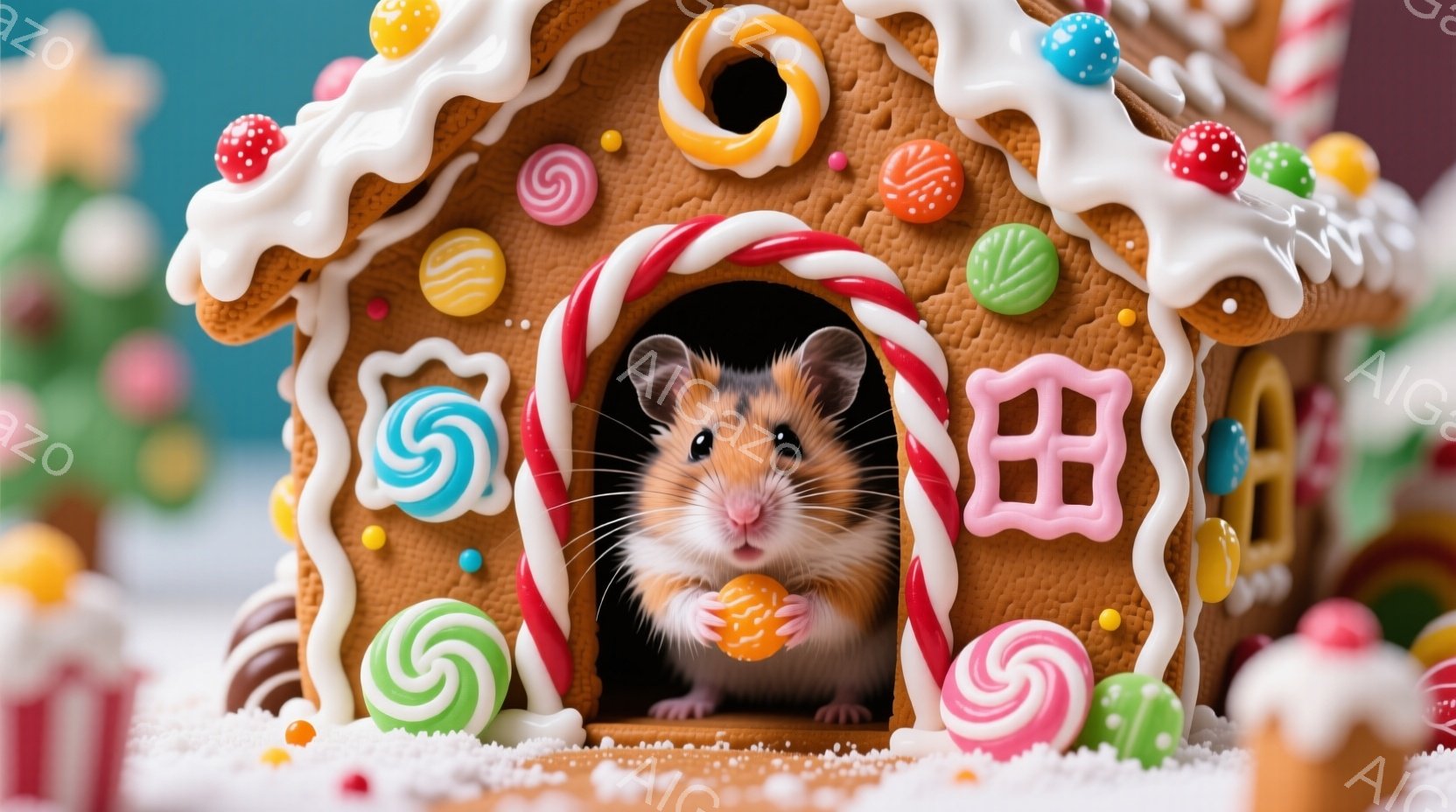 小さなハムスターが、ジンジャーブレッドで作られた家の入り口から顔を出しています。ハムスターはオレンジ色の丸いお菓子を両手で持っており、可愛らしい表情でこちらを見ています。背景には、クリスマスツリーや他 - AI生成フリー素材