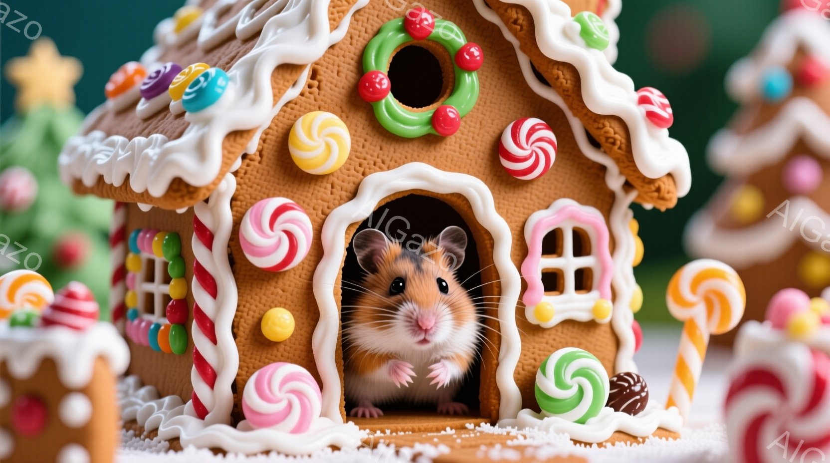 ジンジャーブレッドで作られた可愛らしい家の中に、小さなハムスターが顔を出しています。家はカラフルなキャンディーやアイシングで飾られており、雪景色を模した白い粉が周りに広がっています。暖かく、お祝いムー - AI生成フリー素材