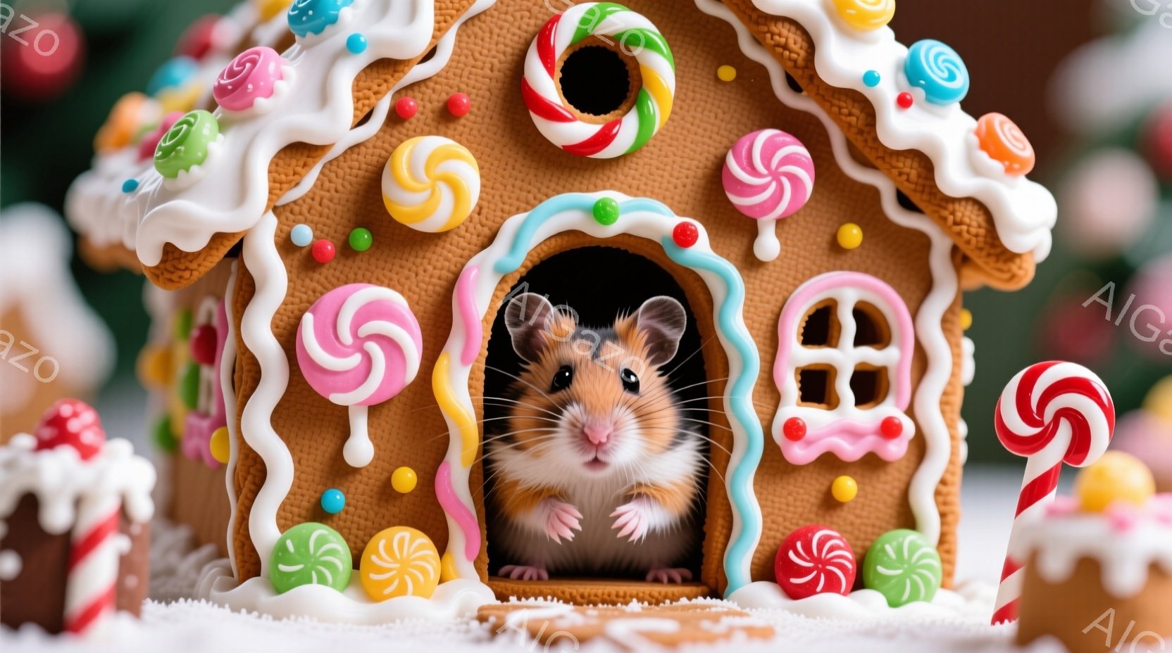 ハムスターがジンジャーブレッドハウスの入り口から顔を出しています。ジンジャーブレッドハウスはカラフルなキャンディーやアイシングで装飾されており、雪が降っているかのような白い底の上に立っています。全体的 - AI生成フリー素材