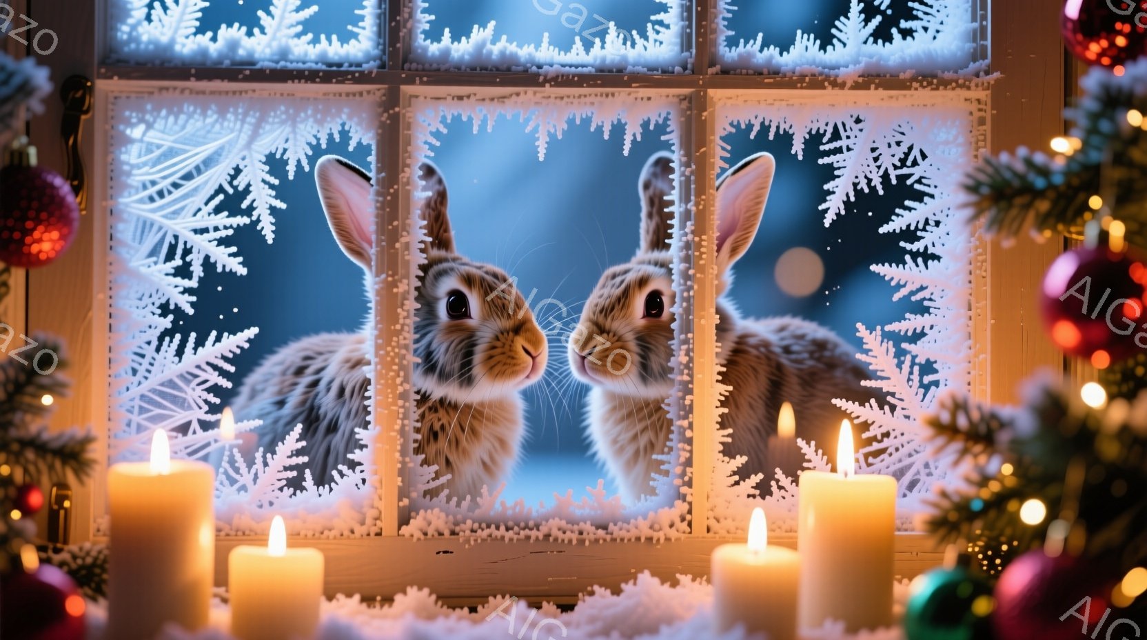 雪景色を背景に、窓に描かれた雪の結晶の間から二匹のうさぎがこちらを見ています。うさぎは暖色系の毛並みで、好奇心と少しの警戒心を含んだ表情をしています。窓の周りにはキャンドルとクリスマスツリーが飾られ、 - AI生成フリー素材