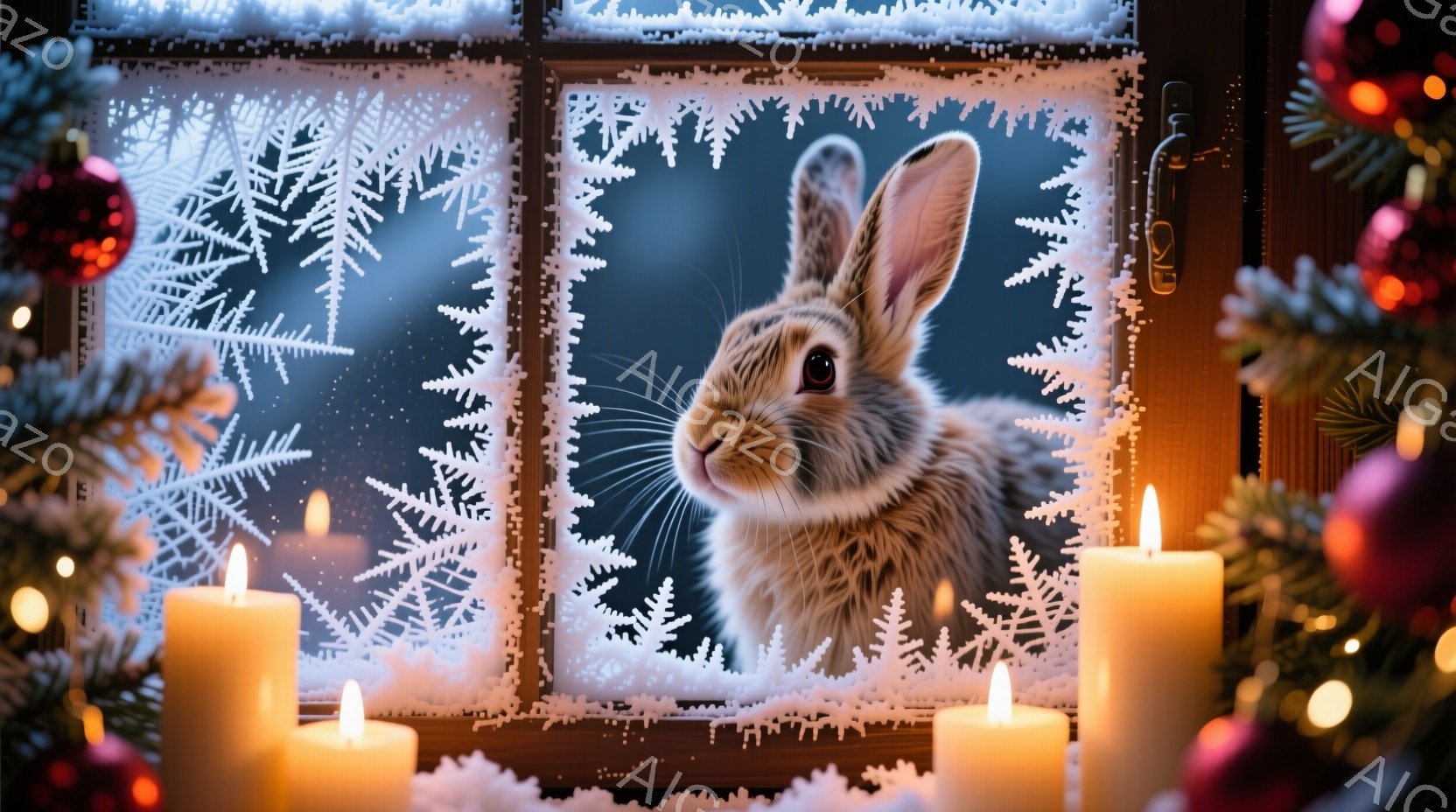 窓枠に囲まれた雪景色の中に、茶色のウサギが顔を出しています。ウサギは少し前かがみになり、好奇心と警戒心を抱いた表情で何かを見つめているようです。周りにはキャンドルの光が灯り、クリスマスツリーの飾りと共 - AI生成フリー素材