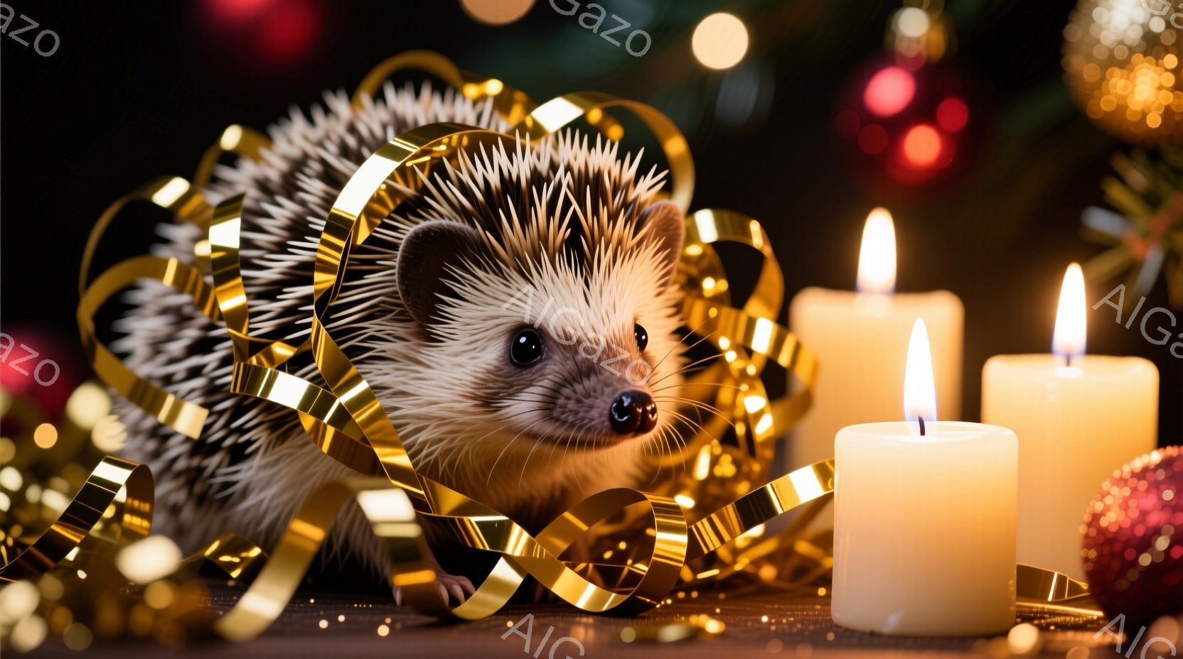 暗い背景に、金色のリボンに囲まれたハリネズミがいます。その横には、暖かく光るキャンドルが数本並べられています。全体的に温かく、お祝いのような雰囲気を醸し出しており、背景にはぼんやりとクリスマスツリーの - AI生成フリー素材