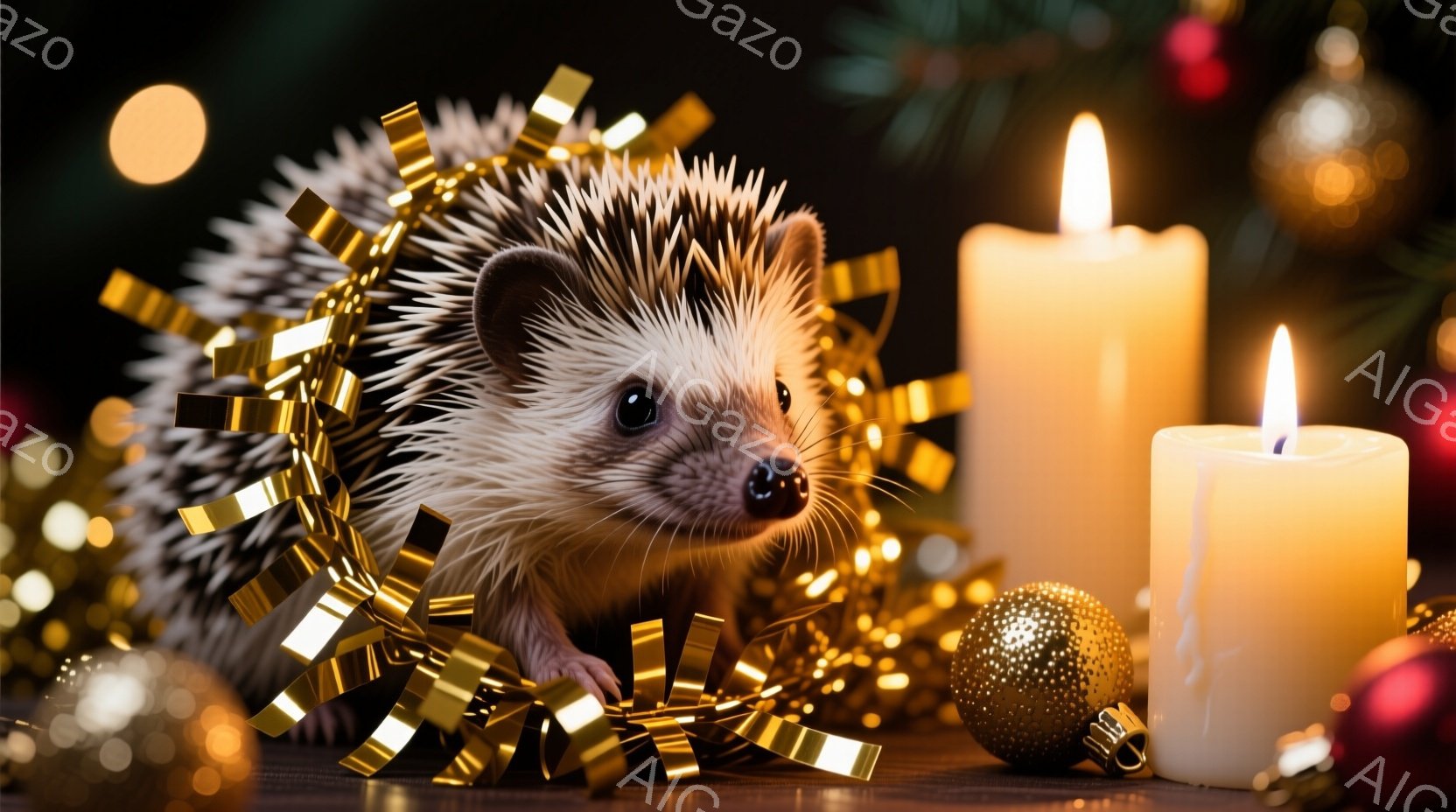 クリスマスツリーの背景に、ハリネズミが金色のリボンに囲まれて座っています。そのハリネズミは小さな黒い目をしており、少し警戒しているような表情をしています。背景には、ぼんやりとした光の中で、点灯したキャ - AI生成フリー素材