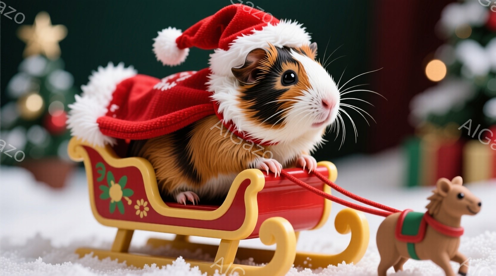 茶色と白の毛並みを持つモルモットが、クリスマス風のソリに乗って微笑んでいます。赤いサンタ帽をかぶり、ソリは金色の装飾が施され、背景には緑のクリスマスツリーと雪景色が広がっています。全体的に暖かく、お祝 - AI生成フリー素材